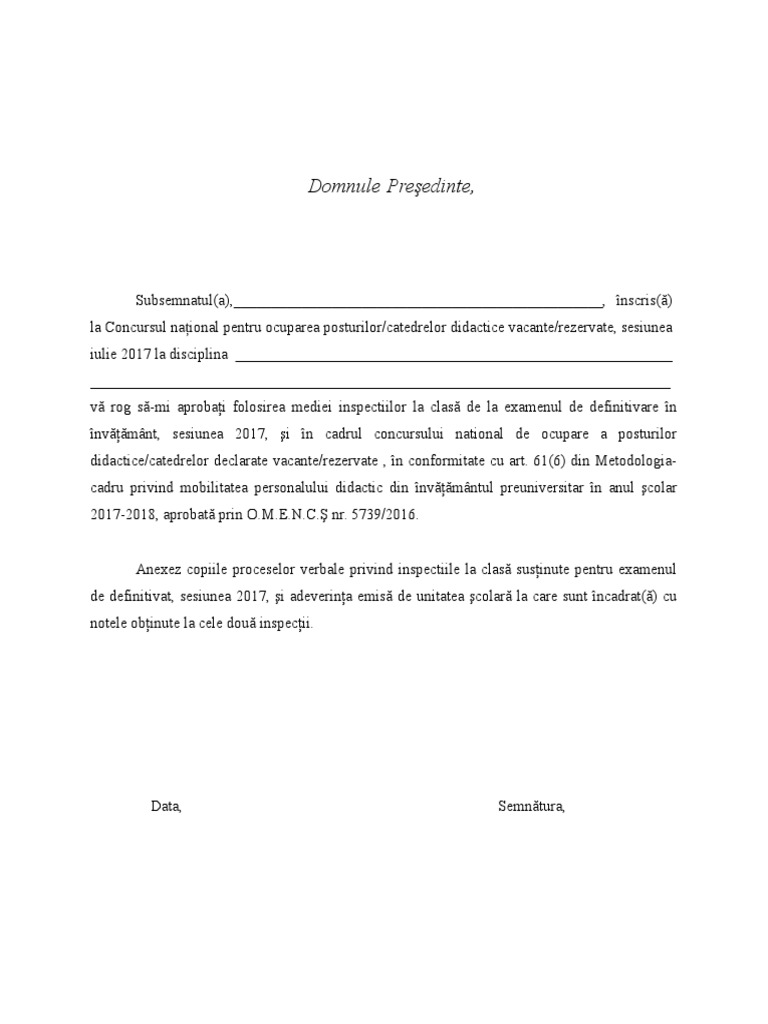 Model Cerere Echivalare Inspectie Definitivat 2017