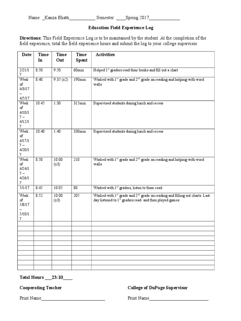 Education Field Experience Log Directions This Field Experience Log Is