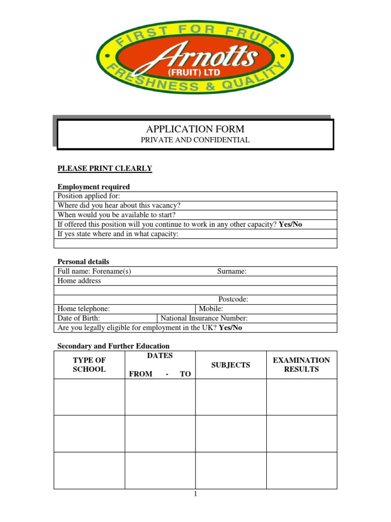 Arnotts Application Form PDF Equal Opportunity Employment