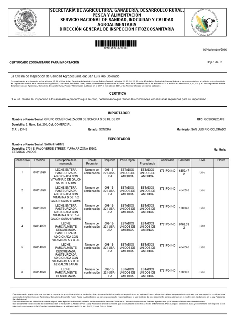 Certificado Zoosanitario de Importación | PDF | Leche | Área rural