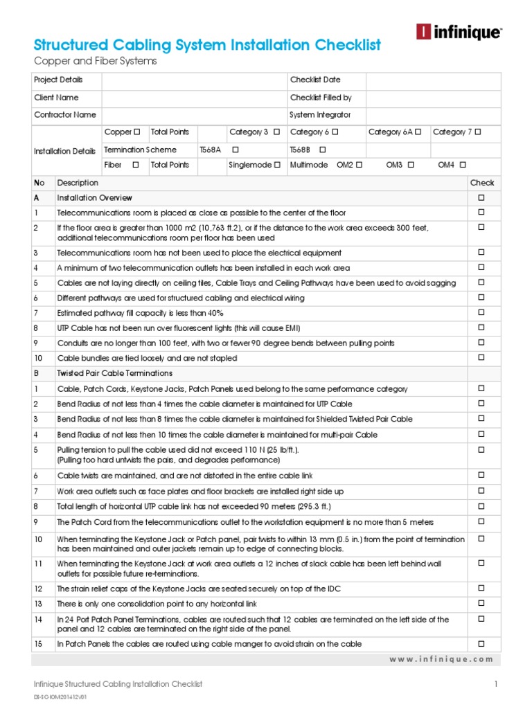 Infinique Structured Cabling Installation Checklist PDF Cable