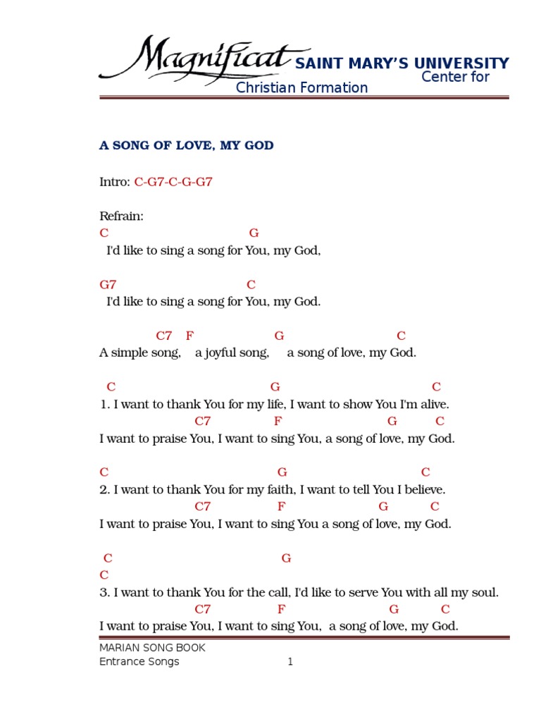 Mass Songs With Chords (Entrance) Mary, Mother Of Jesus Mythology