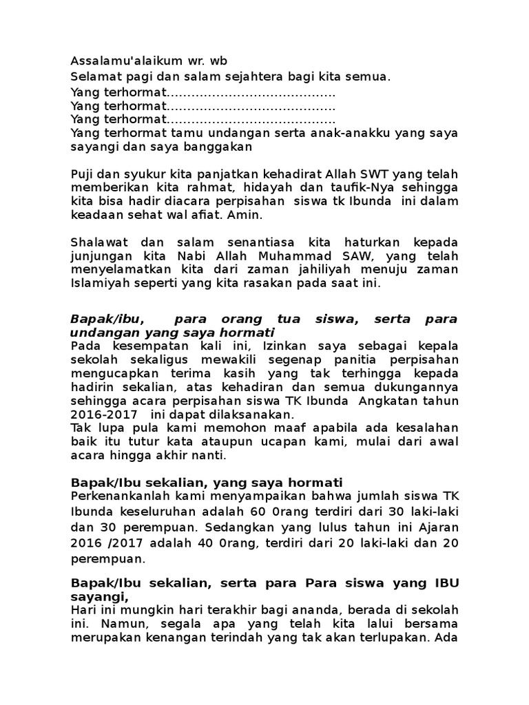Sambutan Kepala Sekolah Pd Perpisahan Tk