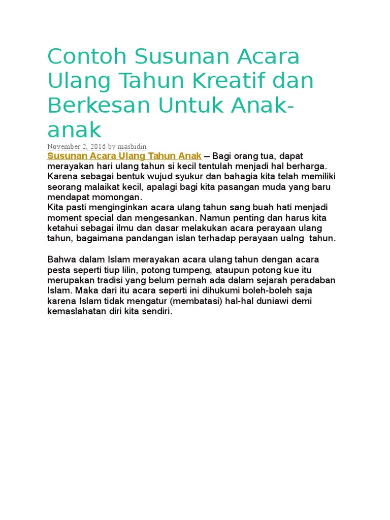Contoh Susunan Acara Ulang Tahun Kreatif Dan Berkesan Untuk Anak