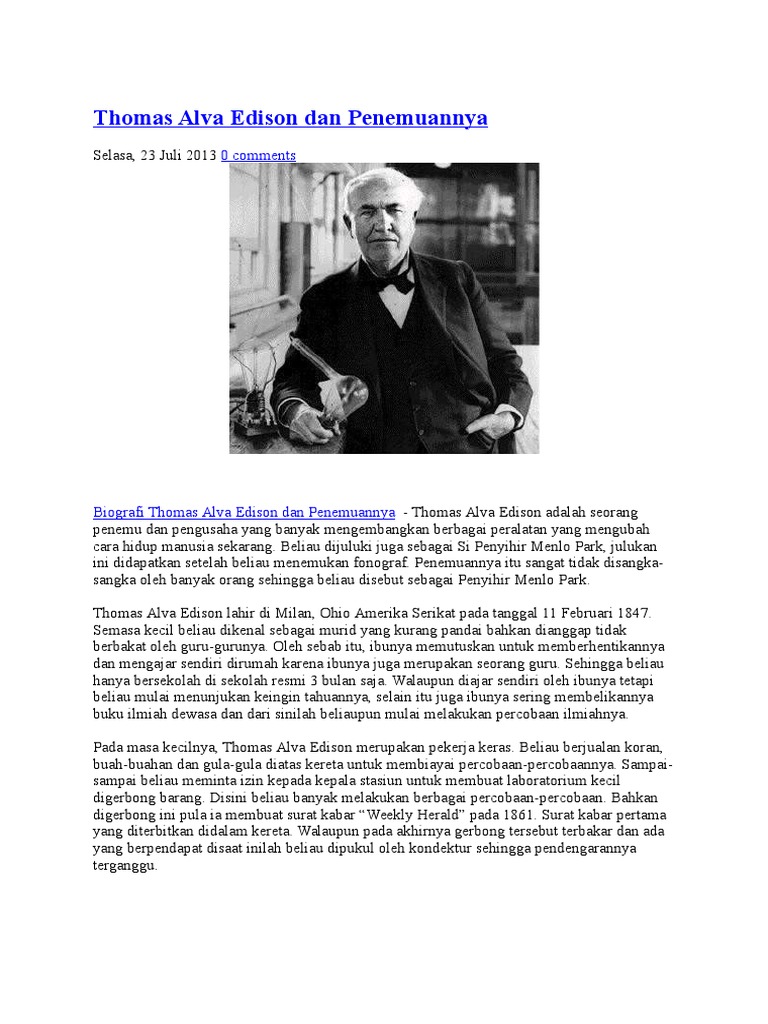 Biografi Thomas Alva Edison Bahasa Inggris Sketsa