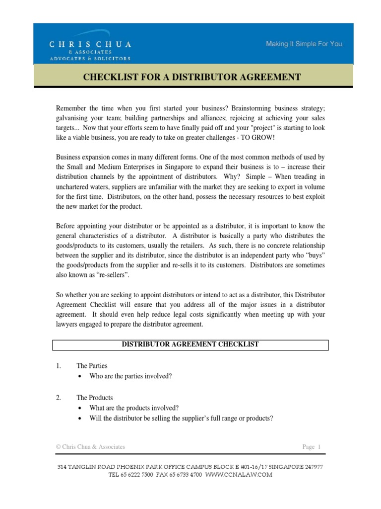 Checklist For Distributor Agreement PDF Private Law Business