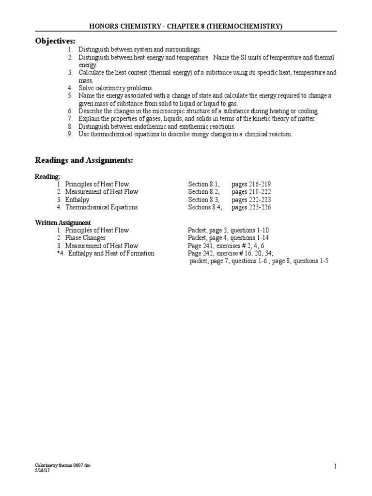 Ch 8 Thermochemistry Worksheet Eboard 0708 Melting Point Heat