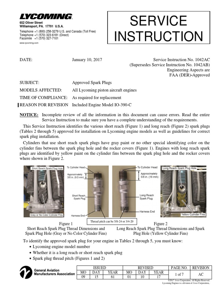 Lycoming Service Instruction No. 1042