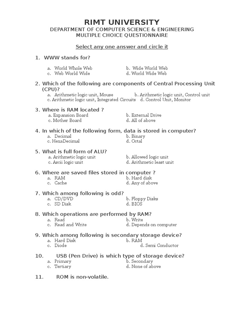 MCQ for +2 students Random Access Memory Computer Data Storage