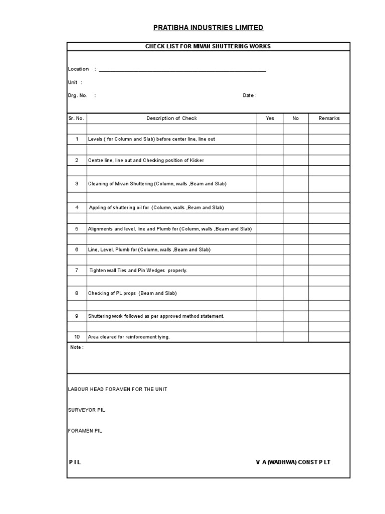Mivan Shuttering Checklist and Procedure | PDF