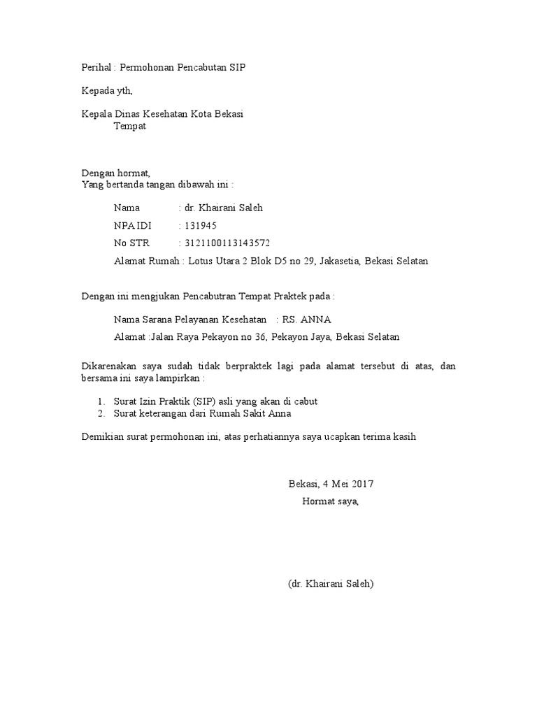 Permohonan Pencabutan Sip Surat Ijin Praktek