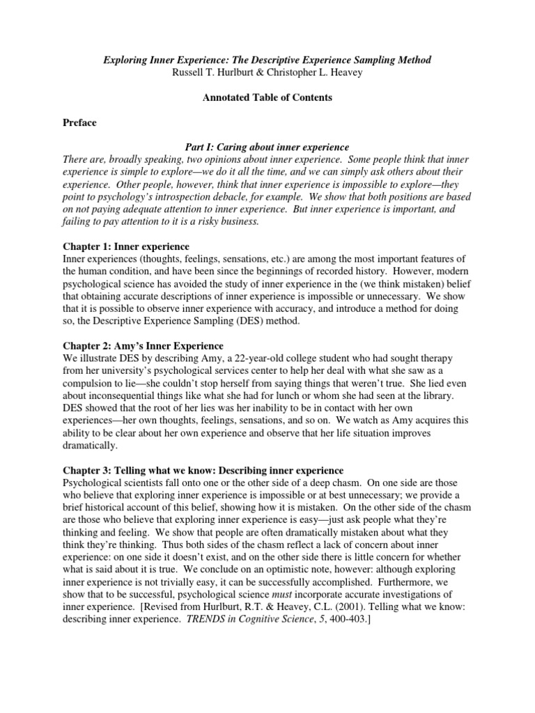 Annotated table of contents preface exploring inner experience the
