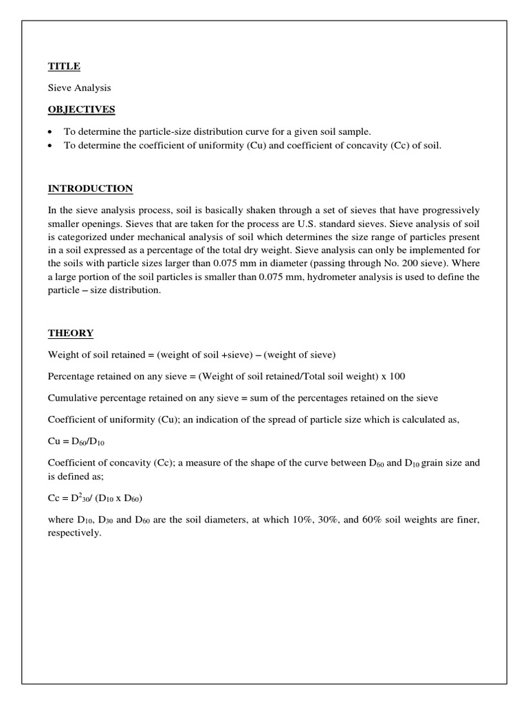 Sieve Analysis and Hydrometer Tests Lab Report PDF Physical