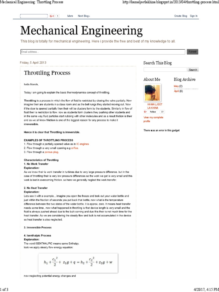 Mechanical Engineering Throttling Process PDF Enthalpy Thermodynamic Properties