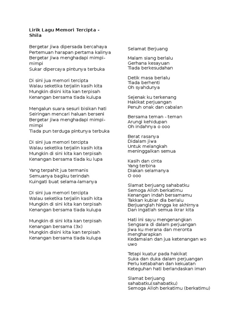 Lirik Lagu Memori Tercipta | PDF