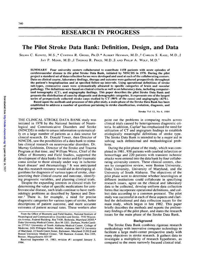 Research in Progress The Pilot Stroke Data Bank Definition, Design