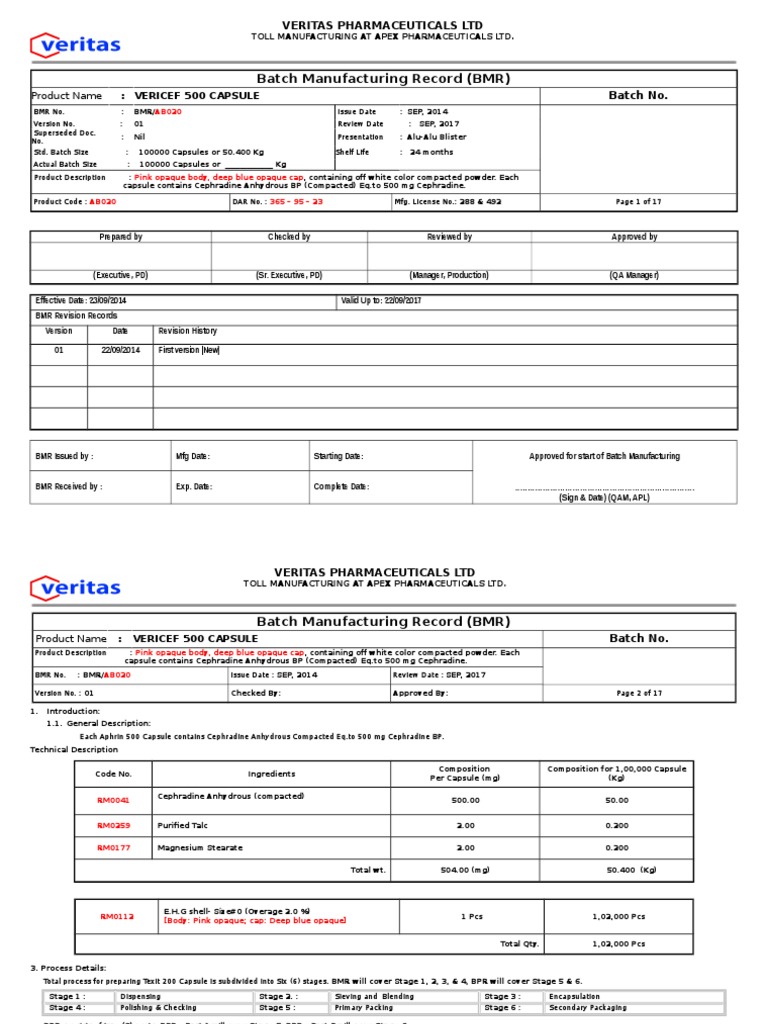 BMR for Vericef 500 Capsule | PDF | Chemical Substances | Industries