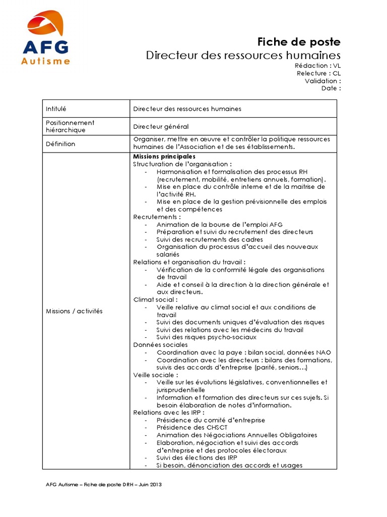 Fiche De Poste Directeur Des Ressources Humaines
