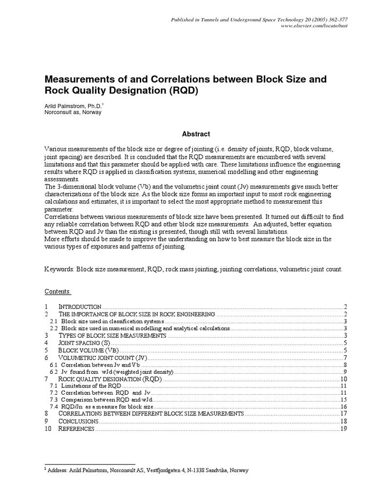 CORRELATION RQD - VOLUMETRIC JO - Arild Palmstrom PDF | PDF