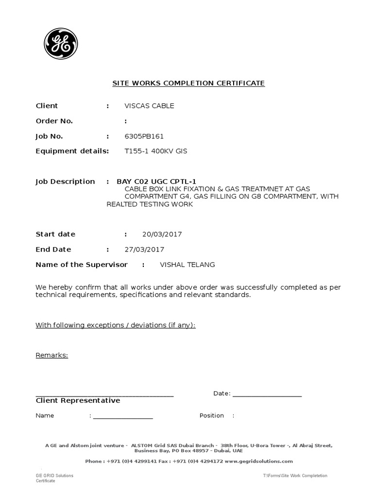 Site Work Completion Certificate | PDF