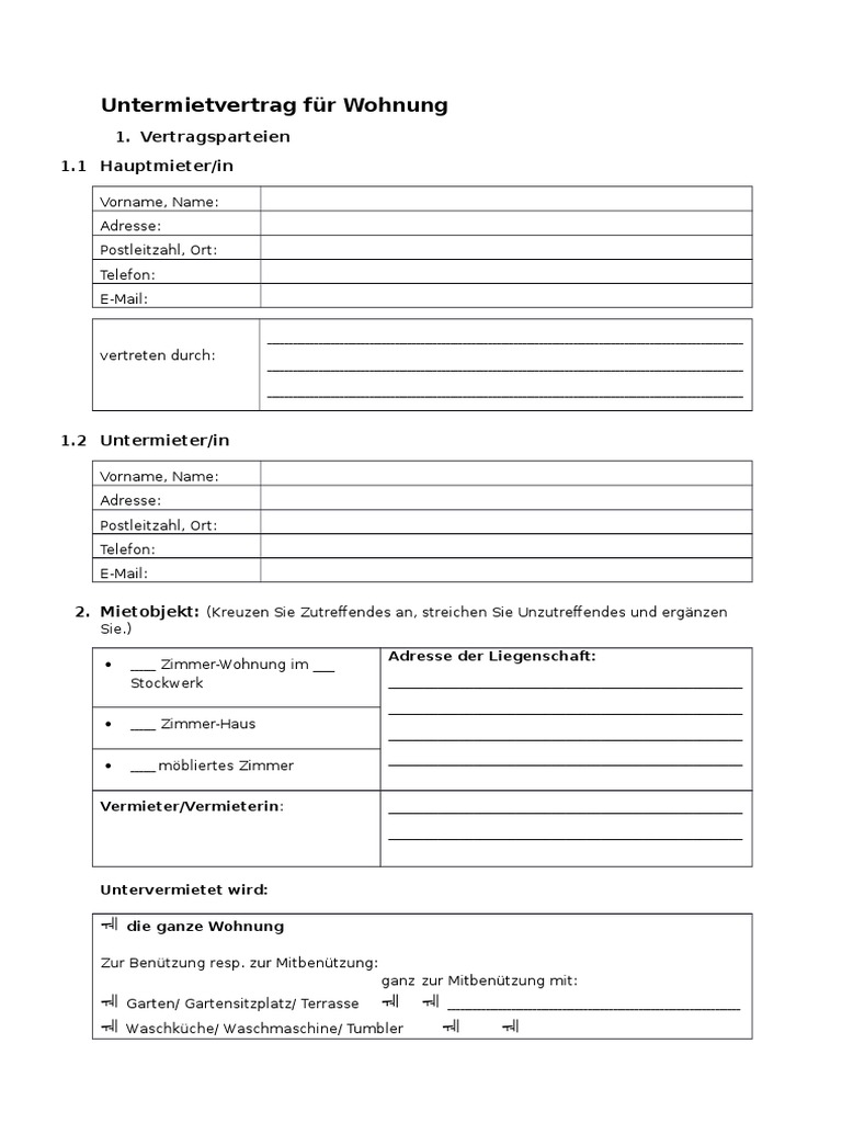 Untermietvertrag standard