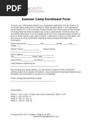 enrollment forms summer camp