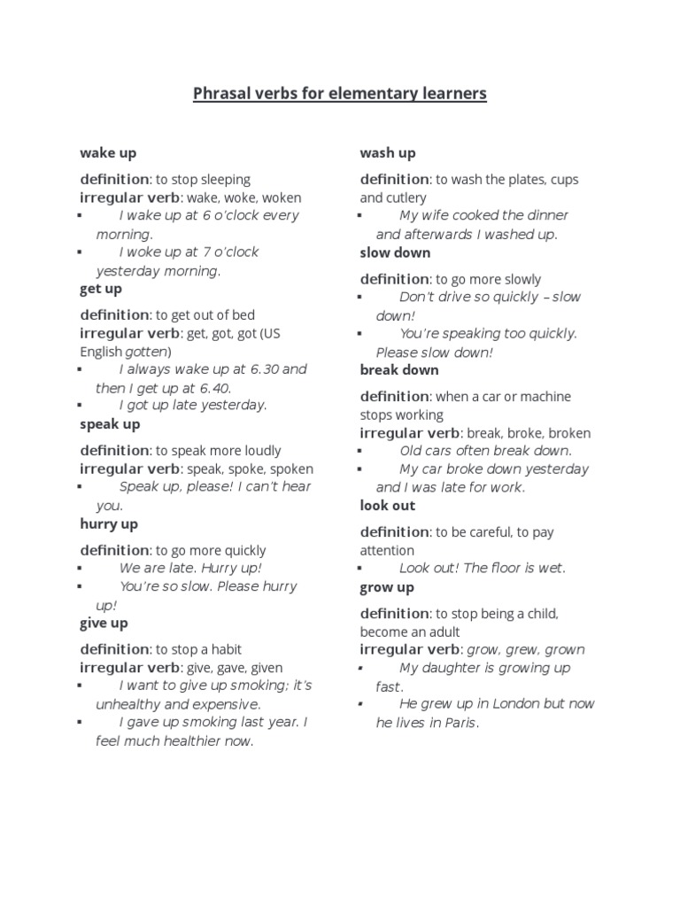 Phrasal Verbs For Elementary Learners | PDF