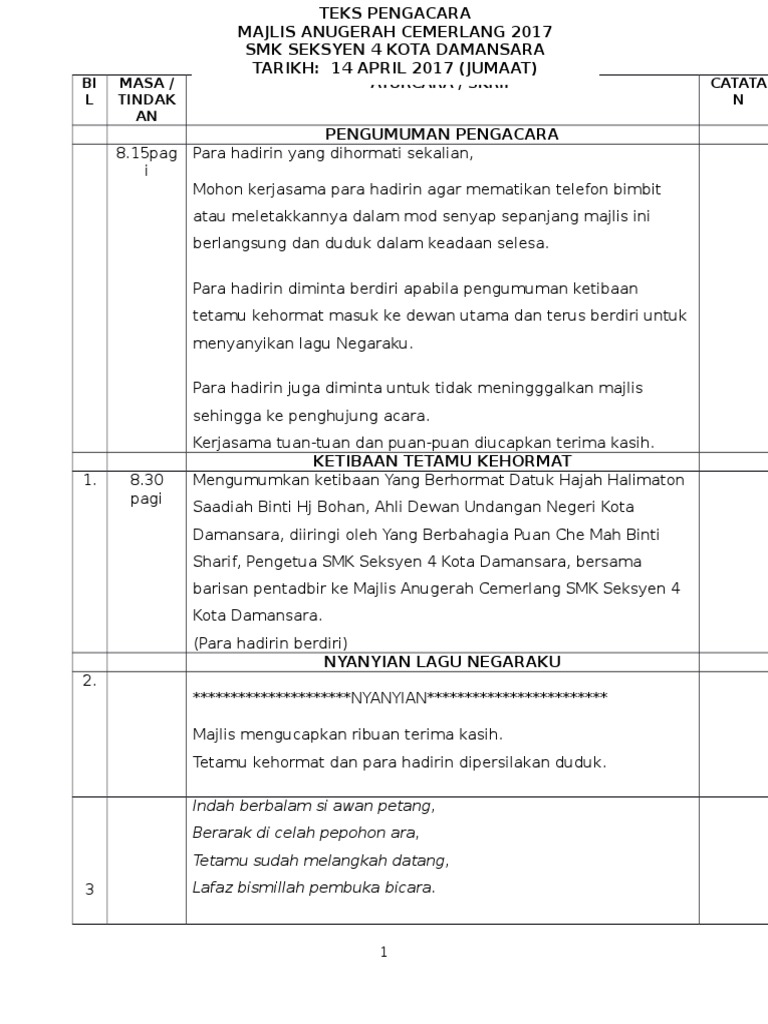 Skrip Teks Pengacara Majlis Anugerah Cemerlang 2017 Latest