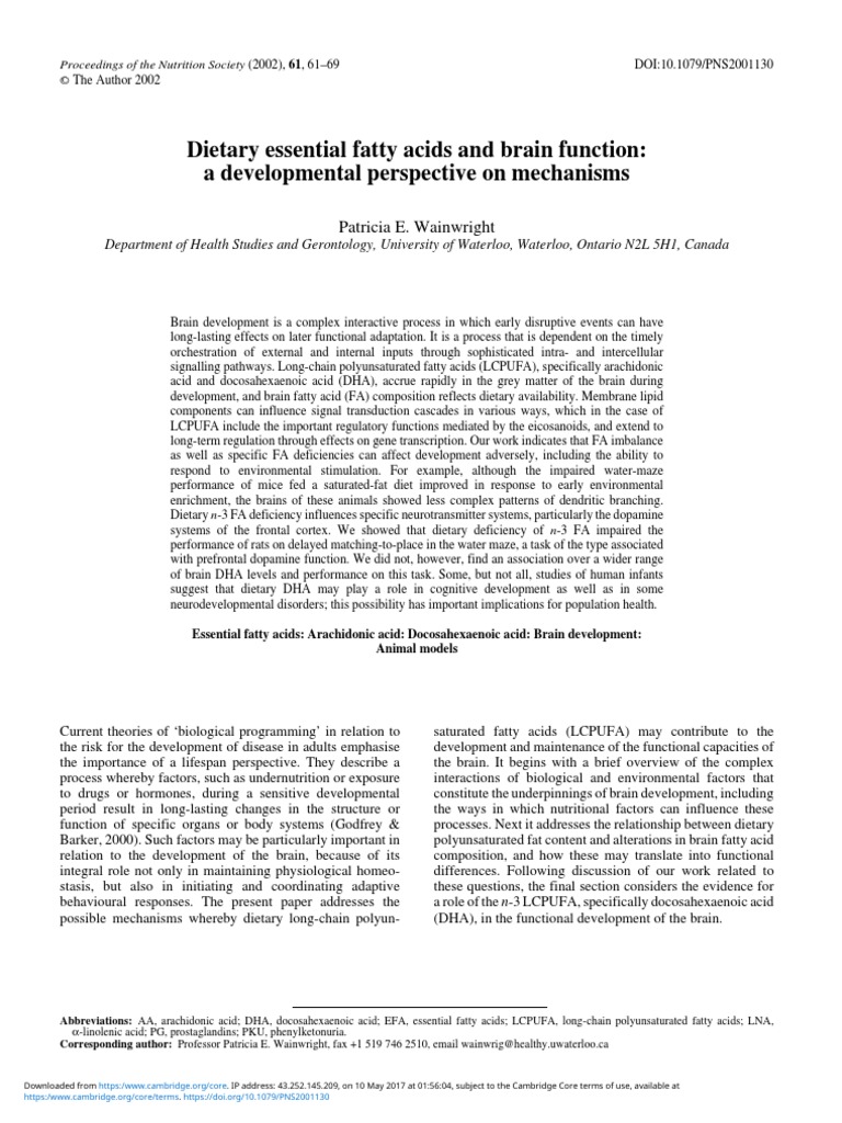 Dietary Essential Fatty Acids and Brain Function A Developmental