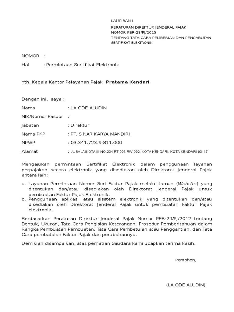 Contoh Surat Permohonan Faktur Pajak
