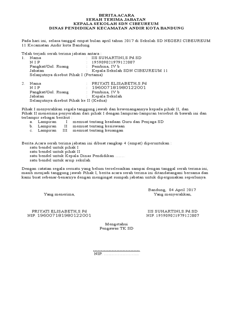 Contoh Surat Berita Acara Serah Terima Jabatan Kepala Dinas MISNAWAR HAERI SPd NIP.