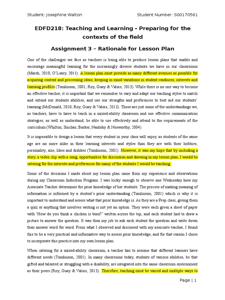 Assignment 3 Rationale PDF Lesson Plan Differentiated Instruction