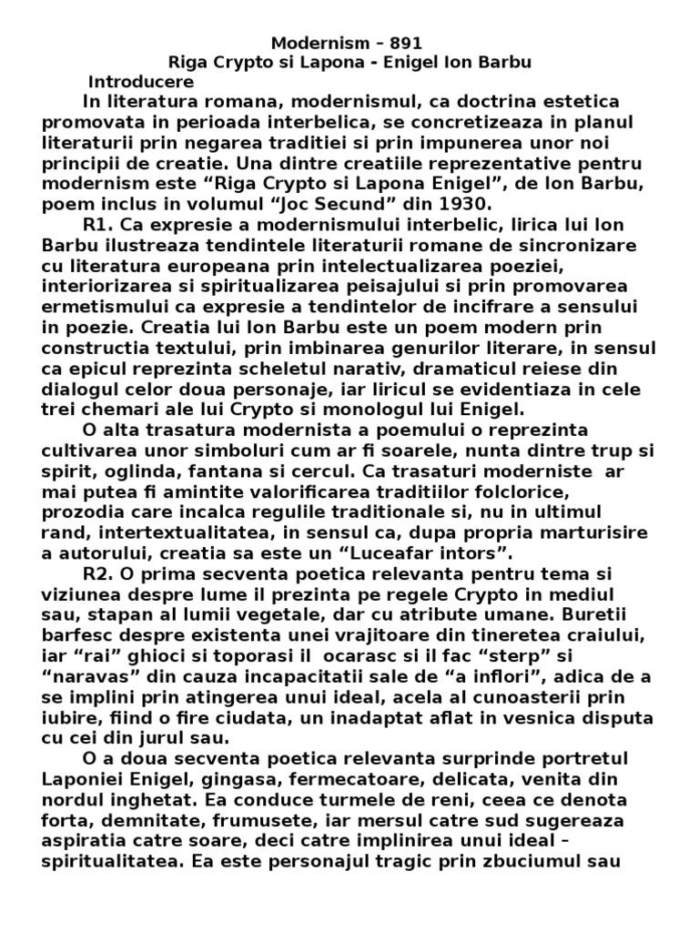 Modernism Ion Barbu Riga Crypto Si Lapona Enigel | PDF