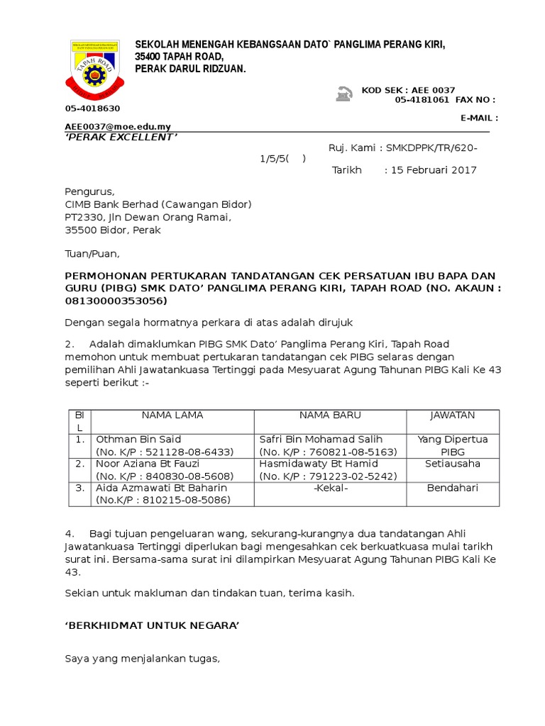 Borang Tukar Nama Tandatangan Cek