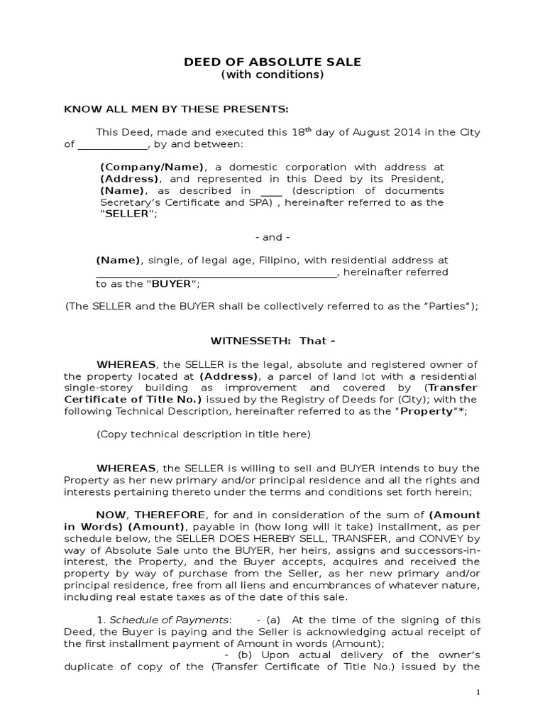 Deeds of Sale With Condition Template PDF Deed Payments