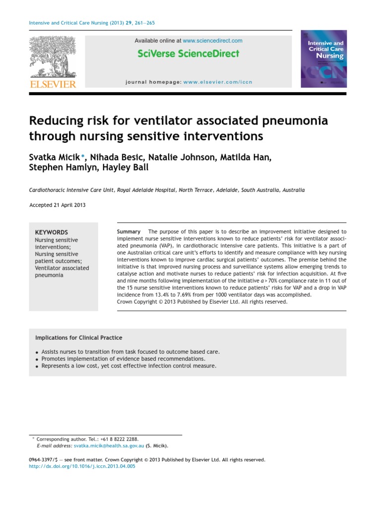 Reducing Risk For Ventilator Associated Pneumonia | PDF | Nursing ...