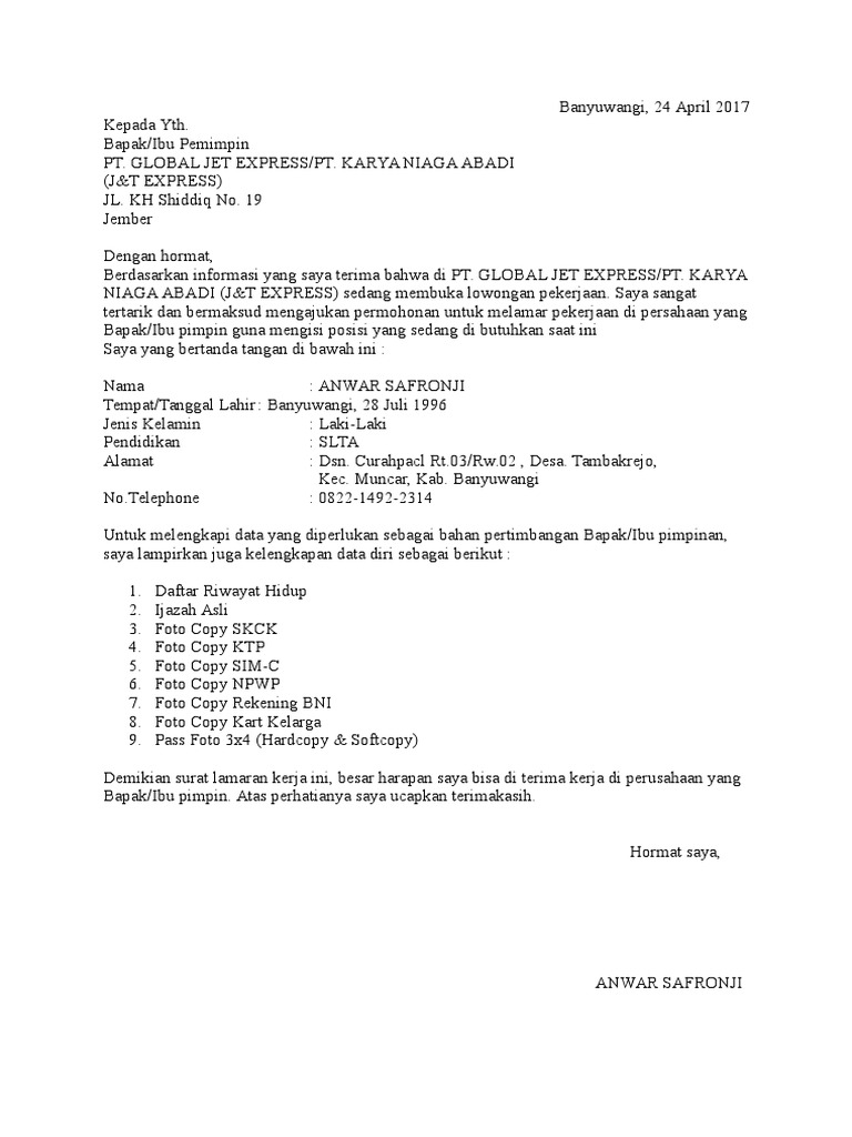 Contoh Surat Lamaran Kerja Di Jt Express
