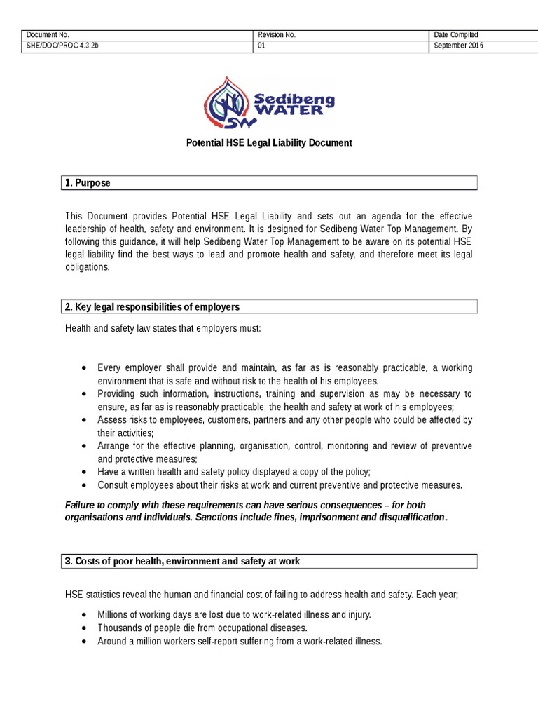 Potential HSE Legal Liability Document | PDF | Occupational Safety And ...