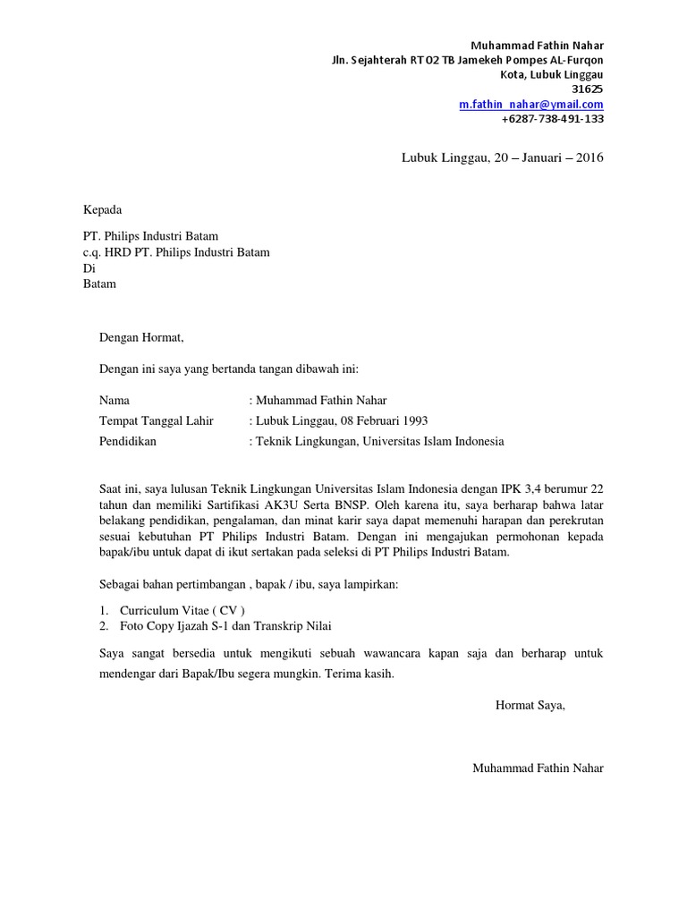 Contoh Surat Lamaran Kerja Ptpn 3