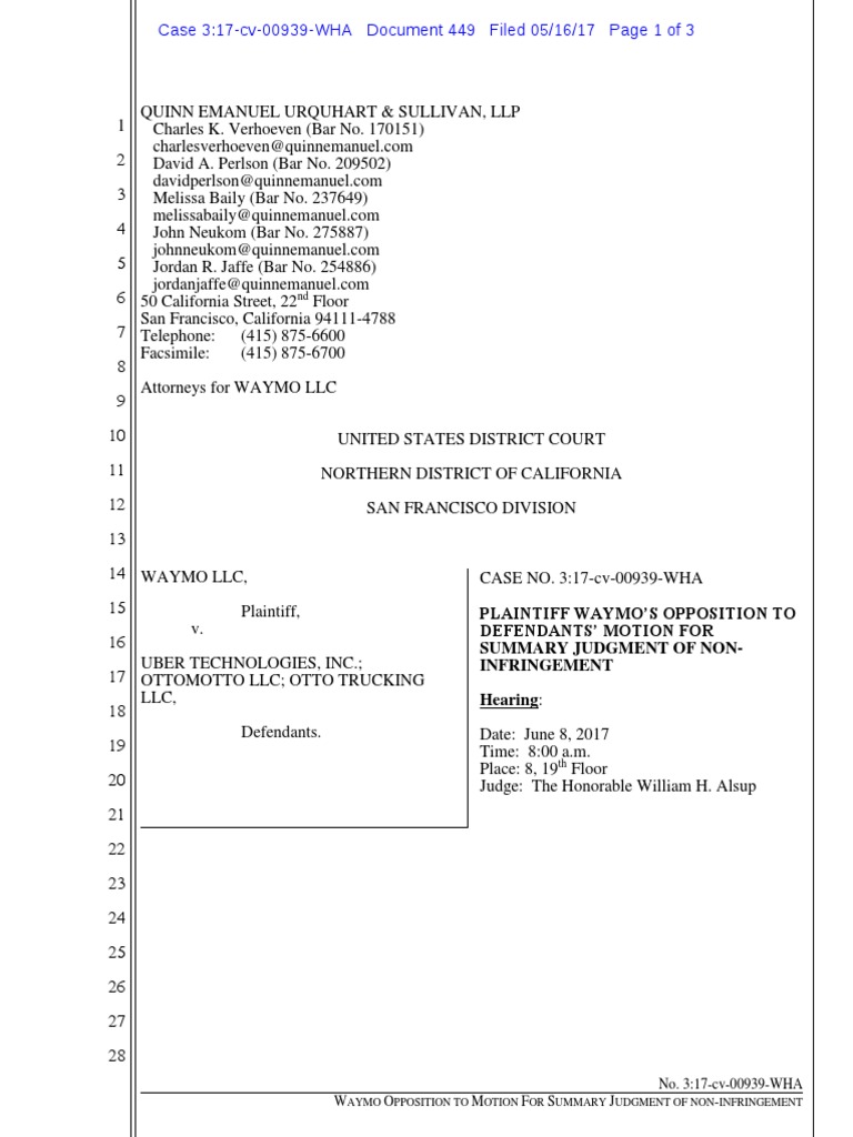 Waymo's Opposition To Uber's Motion For Summary Judgement of Non