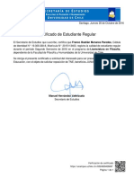 Certificado de Estudiante Regular: Franco Bastián Menares Paredes, Cédula Licenciatura en Filosofía