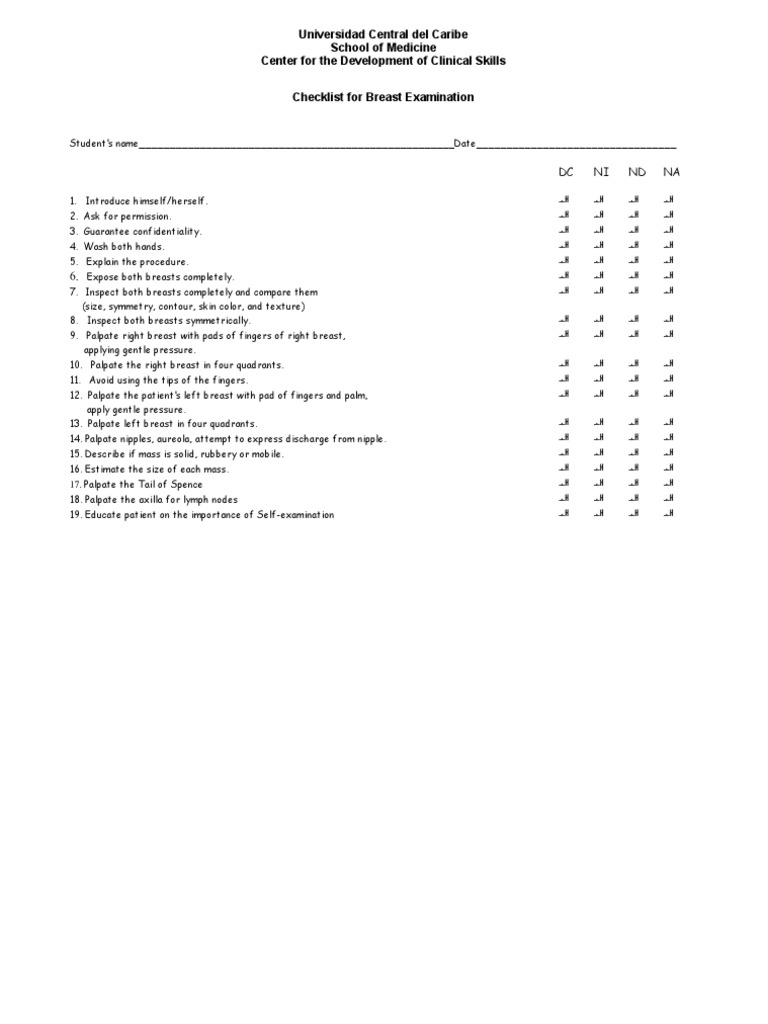 Breast Examination Checklist | PDF | Women's Health | Mammal Female ...