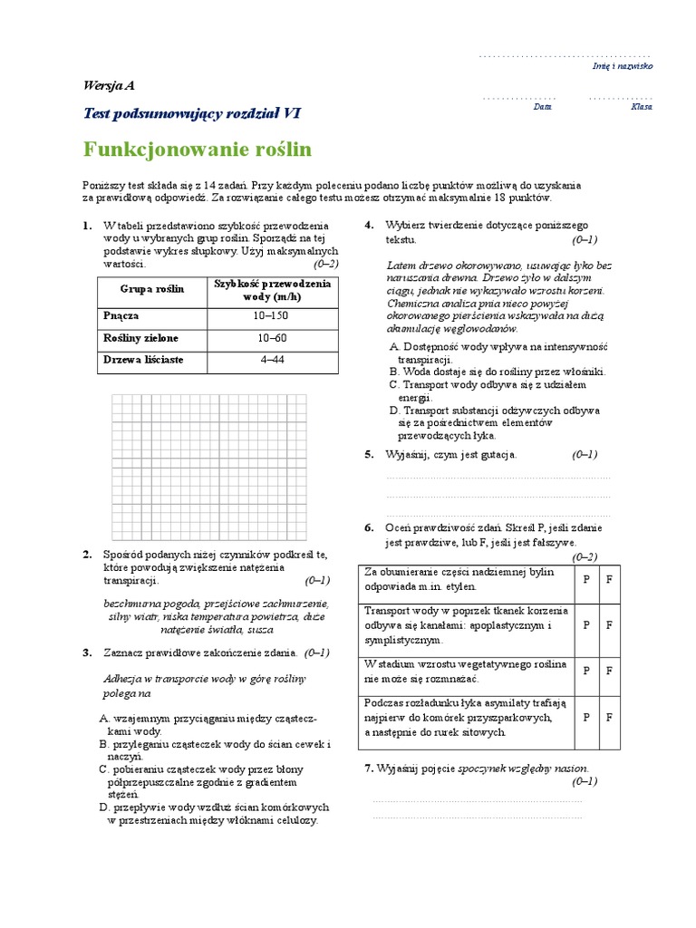 Roznorodnosc Roslin Klasa 5 Test Funkocjowanie Roslin | PDF