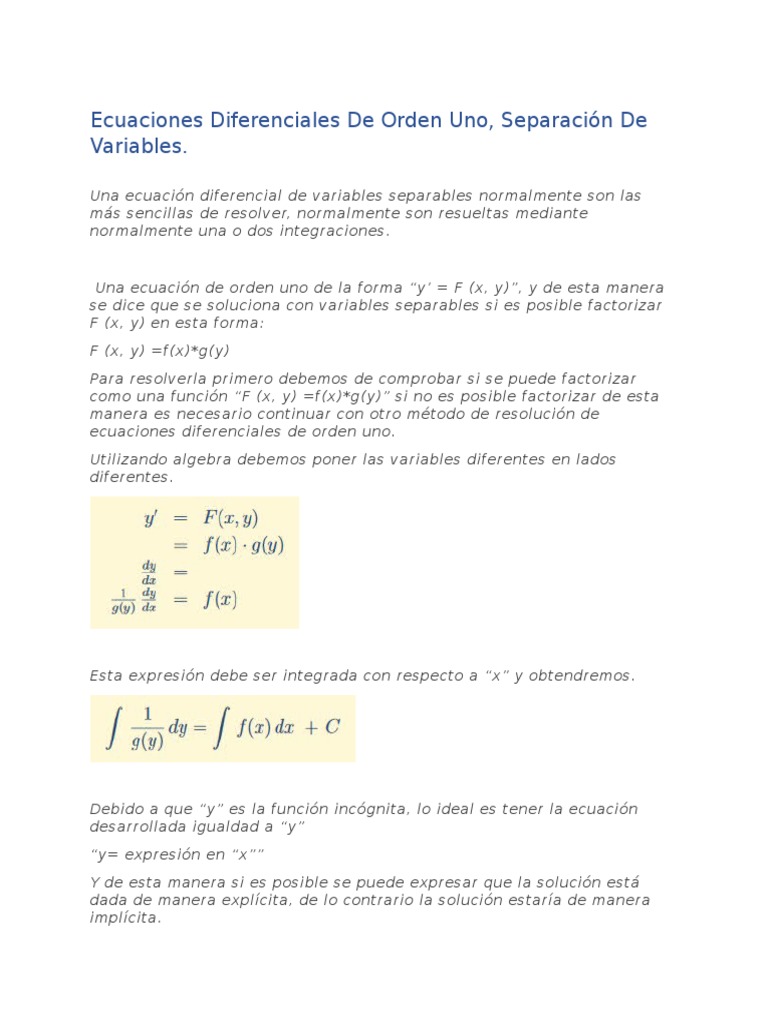 Ecuaciones Diferenciales Separacion de Variables PDF Ecuaciones diferenciales Ecuaciones