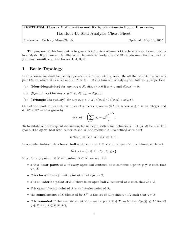 Real Analysis Cheat Sheet PDF Continuous Function Geometry