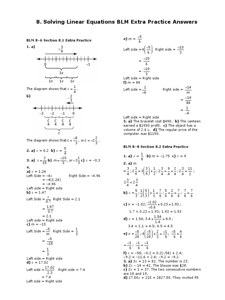 8 solving linear equations blm answer keys Applied Mathematics