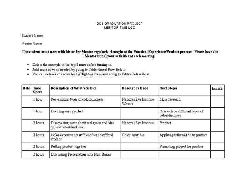 BCS Graduation Project Mentor Log | PDF