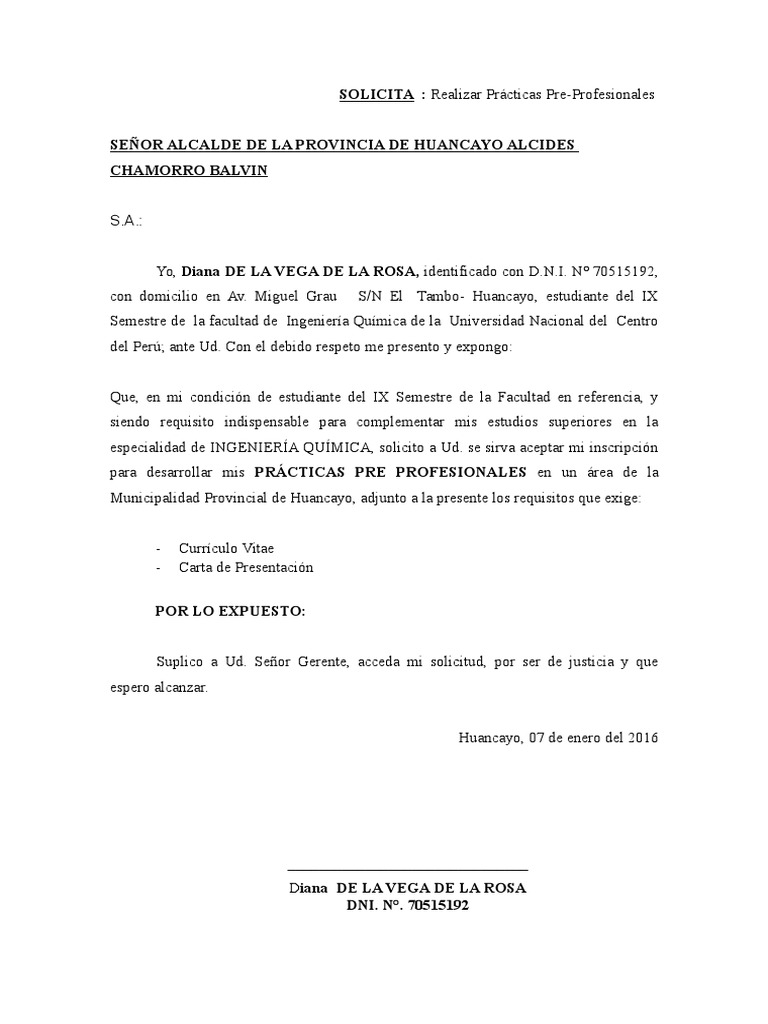 Solicitud Practicas Municipalidad De Huancayo Diana Pdf Ingenieria Science