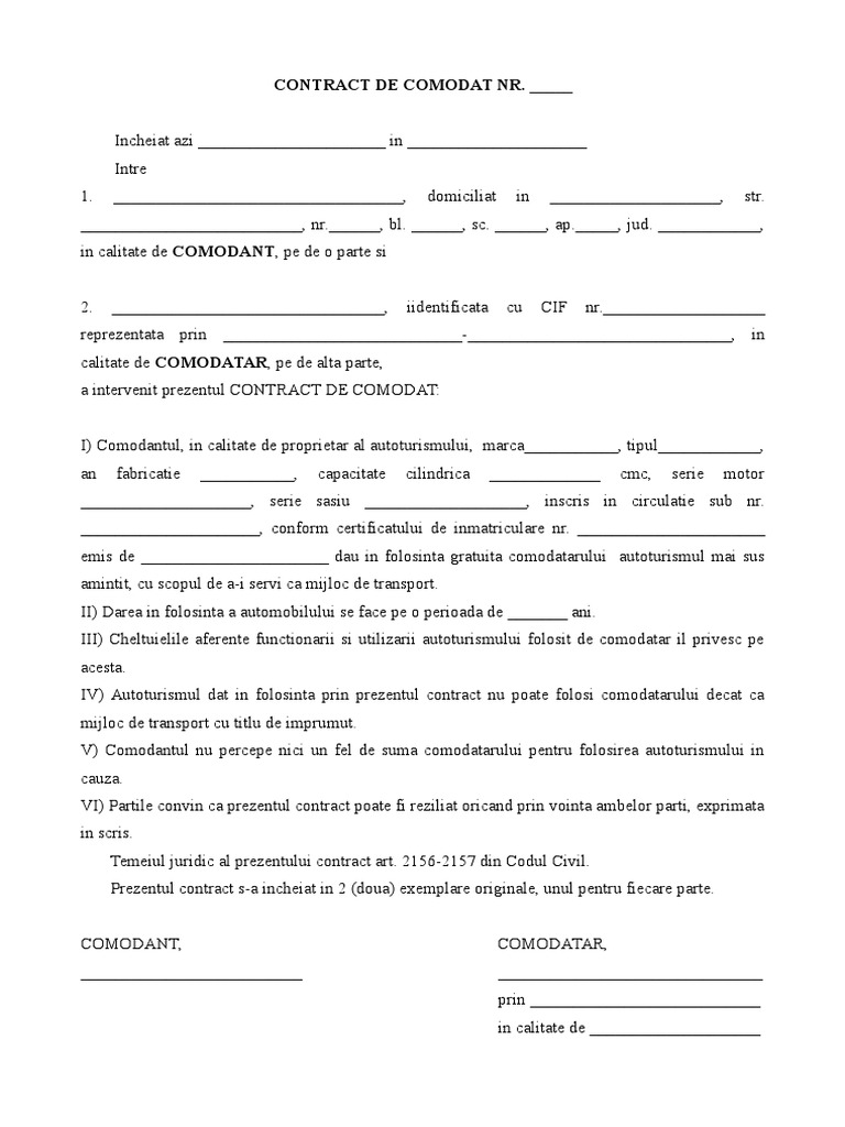 Contract De Comodat Masina Model