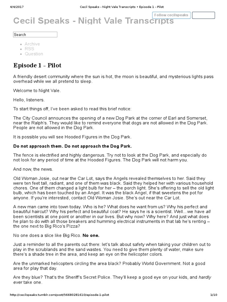 Cecil Speaks - Night Vale Transcripts - Episode 1 - Pilot | PDF | Nature, image size:768x1024